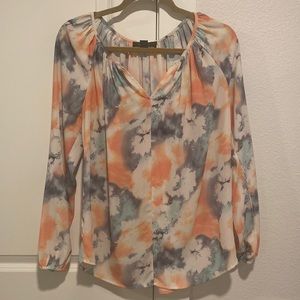 Grey and orange patterned Karen Kane blouse